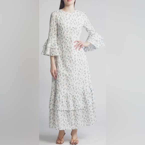 New Liberty London Gala Floral Tiered Cotton Bell Sleeves Maxi Dress sz S - Picture 1 of 10